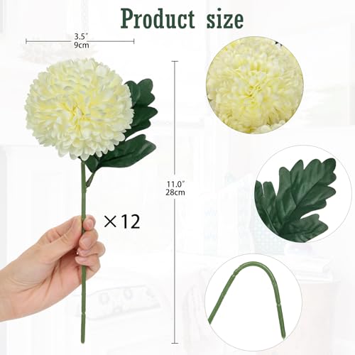 Briful 12 Pcs Artificial Cream White Chrysanthemum Stems – 11” Tall Silk Mums Flower Heads with Green Leaves, Flexible Stems for Fall Floral Pick Arrangements, Home, Wedding & Seasonal Decorations - color: 3.5'' Dia. 12pcs Cream White