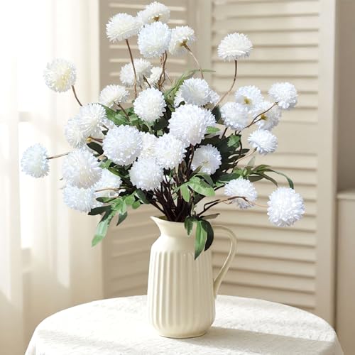 Kinisty 8 Pcs Artificial Flowers White Beige Faux Silk Pompon Mums, 20" Long Stem Fake Chrysanthemum Bouquet for Vase Farmhouse Home Decor, Wedding Centerpiece - color: Beige and White