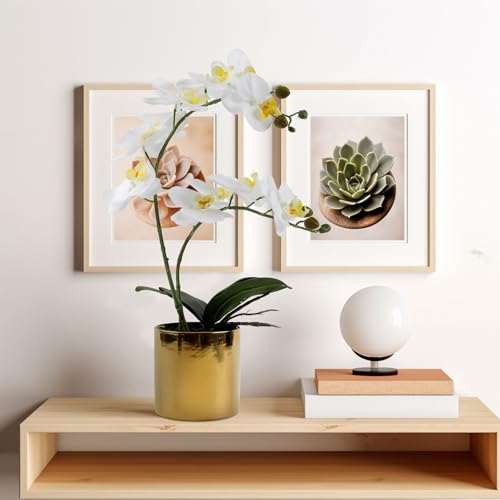 17” Artificial Orchid Flowers Potted,Realistic Faux White Flowers in Pots for Bathroom Kitchen Home Office Living Room Table Decor Indoor Outdoor - color: White