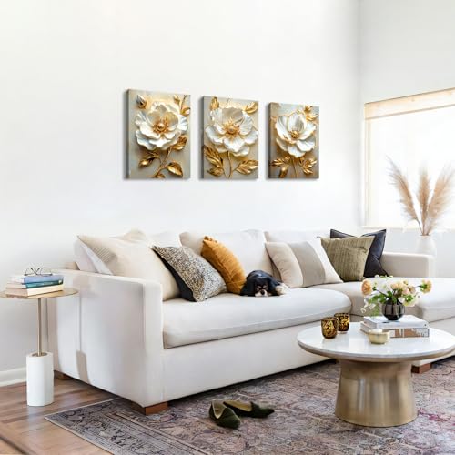 Modern White Floral Golden Leaves Canvas Wall Art Set, Neutral 3d Textured Flowers Wall Painting Pictures Boho Beige Blossom Wall Decor Posters Print Artwork for Bedroom Living Room Office 16x24x3Pcs - color: Flower-golden leaf, size: 16"x24"x3Pcs