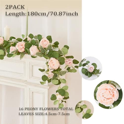 MISSPIN 2pcs Artificial Flowers Garland Spring Eucalyptus Garland Vintage Fake Flower Peony Rose Vine Greenery Decorative Wall Hanging Plant for Wedding Arch Door Arrangement Party Decor (Pink,2) - color: Pink,2