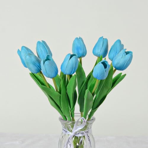 Artificial Flowers Tulips Fake Flowers Real Touch Latex Tulips Faux Flowers Bouquet for Wedding Party Arrangements Home Decor and Baby Shower Centerpieces (10, Sky Blue) - color: Sky Blue