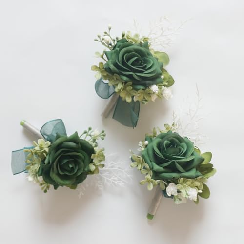 MAFELOE 2 Pieces Men Boutonniere Corsage Set, Artificial Rose Flowers Accessories for Wedding Prom Party Ceremony Anniversary Suit Decor- Dark Green (X-M11-JM) - color: Dark Green