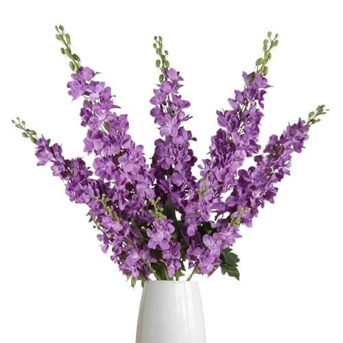 IPOPU 43.3" Purple Delphinium Artificial Flowers 5PCS Faux Delphinium Flowers Larkspur Long Stem Artificial Flowers for Wedding Table Centerpieces Home Garden Decor(Purple) - color: Deep Purple