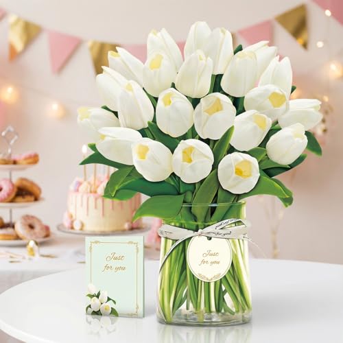 Airpark Pop Up Flower Bouquet Card for Women, 3D Floral Greeting Card with Envelope and Note, Birthday Thank You Thinking of You Get Well Gift for Mom Friend Wife Teacher, White Tulip - style: White Tulips