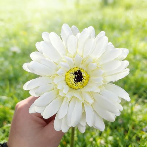 16Pcs White Green Artificial Flowers Gerbera Daisy Bulk, Fake Silk Flowers Arrangements, Lifelike Faux Daisy for Wedding Bouquet Table Centerpiece Home Decor - color: White