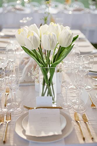 Briful Fake Flowers Artificial Tulip Flower White in Clear Vase, Real Touch Foam Tulip Arrangement Suitable for Home Office Decoration, Dining Table Centerpiece - color: Cream