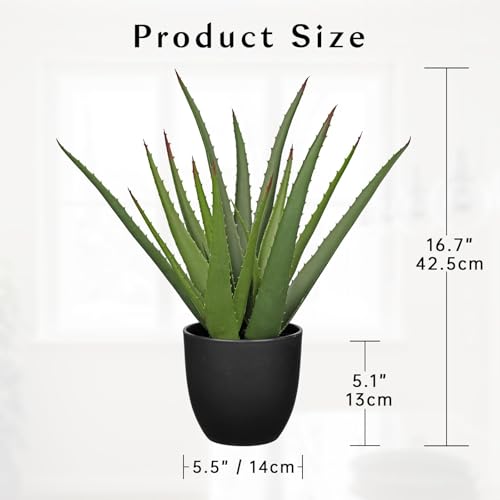 GnFlus Large Fake Succulent Aloe Vera Plants 16.7 Inch Artificial Succulents with Black Pot Faux Aloe Potted Plant for Desk Modern Home Office Bedroom Living Room Table Shelf Decor - color: Black-16.7"