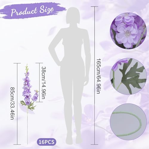 16Pcs Purple Delphinium Artificial Flowers 33.5'' Long Stem Larkspur Flowers Bulk Silk Flowers for Tall Vase Wedding Table Centerpieces Home Garden Outdoor Decor（Purple） - color: Purpleii