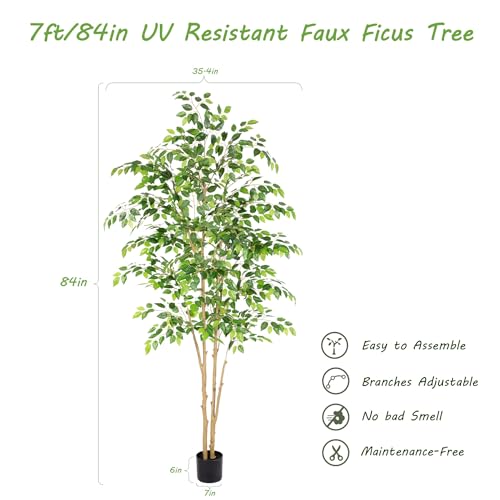 Nafresh Tall UV Resistant Ficus Tree Artificial，7ft(84in) Realistic Texture Potted Faux Ficus Tree， Fake Trees Indoor Outdoor for Home Office Living Room Bedroom Foyer Porch Decor. - size: 7ft