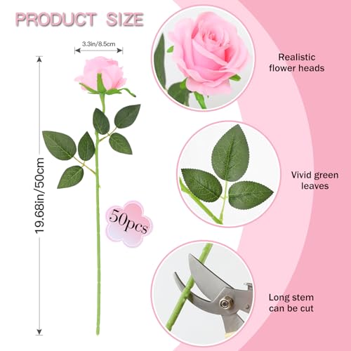 50PCS Artificial Silk Roses in Bulk & Bouquet Long Stem – Realistic Fake Roses for Wedding Centerpieces, Home Decor, Floral Arrangements, Party Decoration (Pink) - color: Pink, size: 50 Pcs