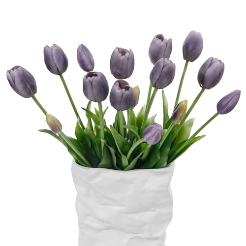 15 Pcs Fall Purple Artificial Tulips Fake Flowers, Premium Latex Lifelike Texture, UV Resistant Waterproof Faux Tulip Bouquets with Snap-on Petals for Outdoor, Home, Wedding Decor - color: Autumu Purple