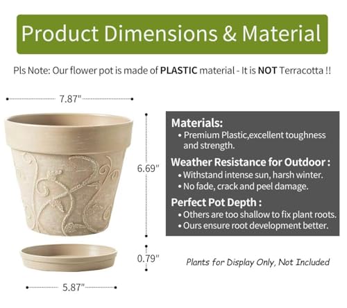 Melphoe Plastic Plant Pots Indoor with Drainage & Saucer, 2Pack 8 inch Flower Pots Outdoor Planters for Indoor Plants Garden Home Decor Cactus Succulent, (NOT-Terracotta) Vine-Embossed - color: Undecorated Pottery Color, size: 8''