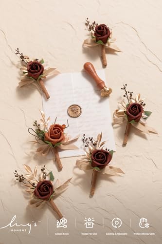 Ling's moment Boutonniere for Men, 6pcs Groom Groomsmen Boutonniere, Artificial Flowers for Wedding Decor/Prom/Homecoming, etc.Terracotta Orange - color: Or-terracotta & Orange