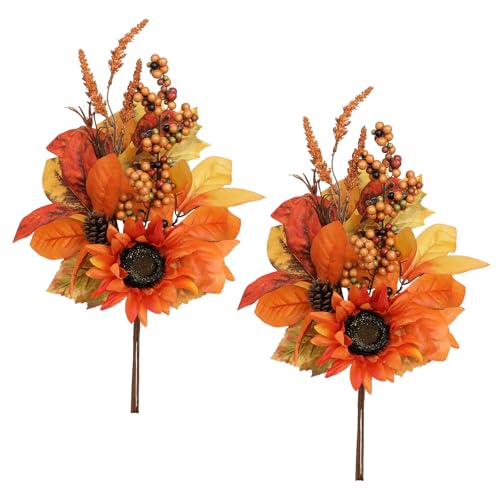 Briful Set of 2 16in Fall Orange Sunflower Picks and Sprays with Pinecones Berries Eucalyptus Leaves Artificial Fall Floral Branches Stems for Autumn Home Wedding Party Vase Centerpieces Decor - color: Orange Brown