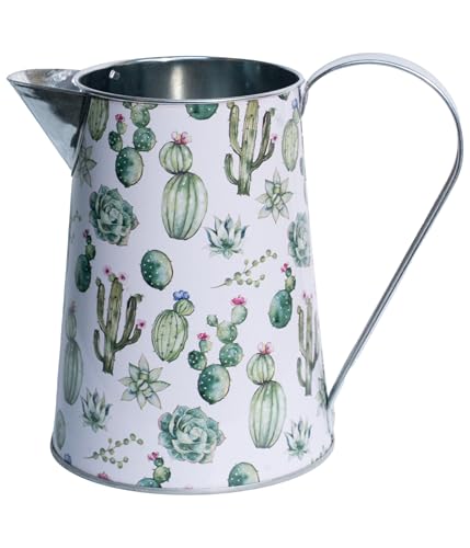 Yoillione White Metal Flower Vase with Cactus Pattern, Jug Pitcher Vase with Handle for Country Farmhouse Table Decor - color: Cactus, size: Small