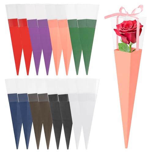 RAINFLOW Flower Wrapping Bags - 16 Pcs Single Rose Sleeves Flower Sleeves for Bouquets,Single Flower Bags Plastic Flower Wrap for Wedding Birthday Valentine’s Day Gifts Wedding Birthday Mother's Day Floral Arrangement