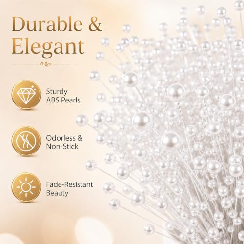 60 Pieces Pearl Stick Stems Bouquets, 4mm Bead String Garland Beaded Spray Filler Floral Arrangements Tree Picks Wedding Party Decoration, Mother's Day Flower Decor, Christmas Tree Picks (White) - color: White
