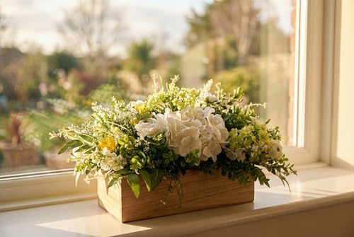 Spring Summer Centerpiece for Table, 18" L Lifelike Artificial Flowers in Rustic Whitewashed Rectangular Wood Box, Lush Spring Faux Floral Arrangement Farmhouse Mantel Shelf Kitchen Island Decor