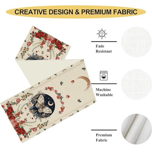 Gothic Moth Table Runner, Boho Floral Gothic Sun Moon Phase Mystical Witchy Starlight Coffee Table Center Decor for Home Kitchen Dining Patio Holiday Party Table Decorations 13x36 inches - color: Tr-moth07, size: 13x36" Table Runner