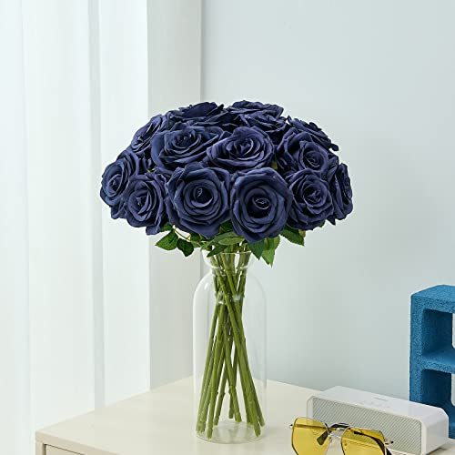 Artificial Navy Blue Flowers Silk Roses Long Stems Fake Bridal Wedding Bouquet for Home Garden Party Floral Decor 15pcs(VASE is NOT Included) - color: Navy Blue