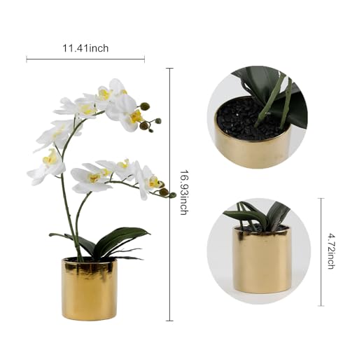 17” Artificial Orchid Flowers Potted,Realistic Faux White Flowers in Pots for Bathroom Kitchen Home Office Living Room Table Decor Indoor Outdoor - color: White