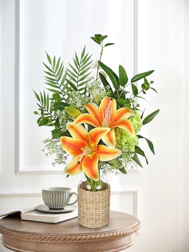 Hollyone Fake Flowers with Vase, Orange Silk Tiger Lily Artificial Flowers in Vase, Faux Plants and Flowers Arrangement Bouquets with Vases for Table Centerpieces Office Bathroom Home Decor - color: Orange