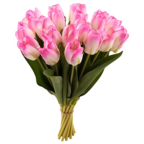 20PCS Artificial Tulips Real Touch Faux Flower Moisturizing Tulips for Photography Ornaments Home Garden Wedding Party Decor Fake Flowers (Pink Green) - color: Pink Green