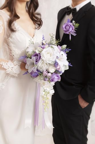 Bridal Bouquet Cascading, Lilac Purple & White Wedding Bouquets for Bride Bridesmaid 10" Artificial Flowers Bouquet for Wedding Decor - color: Lilac Purple & White