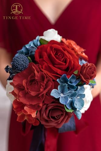 TINGE TIME Bridesmaid Bouquets for Wedding Set of 4 Red&Navy Blue 7 Inch Wedding Bouquets Artificial Silk Flowers Bridal Bouquets for Bridesmaids, Wedding Decor, Anniversary, Party - color: Red&navyblue
