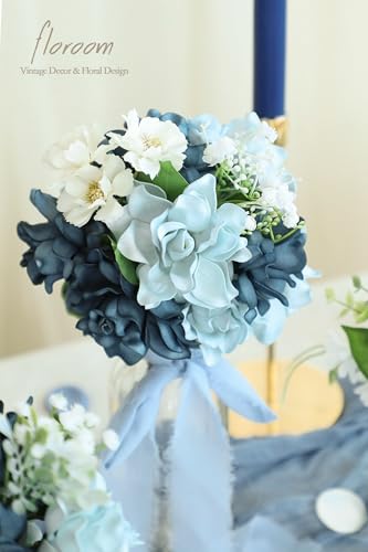 Floroom Artificial Gardenia Flowers 2.7" 25pcs Real Looking Dusty Blue Shades Foam Fake Flowers with Stem for DIY Wedding Bouquets Bridal Shower Centerpieces Floral Arrangements Party Table Decoration - color: Dusty Blue Shades