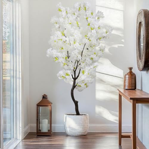 BINCUE Artificial White Cherry Blossom Tree Fake Tree Cherry Blossom Decor Fake Flowers Faux Flowering Tree White Flowers Floral for Indoor Outdoor Room Home Decor Spring Gift 6FT - color: White-04ap