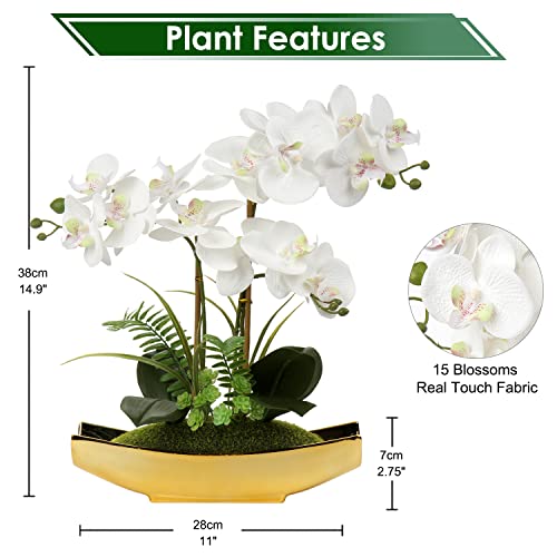 Briful Orchids Artificial Flowers 15" White Phalaenopsis Orchid with Gold Pots Real Touch Faux Orchid Flower for Home Office Bedroom Table Centerpiece Desk Decor - color: White#1