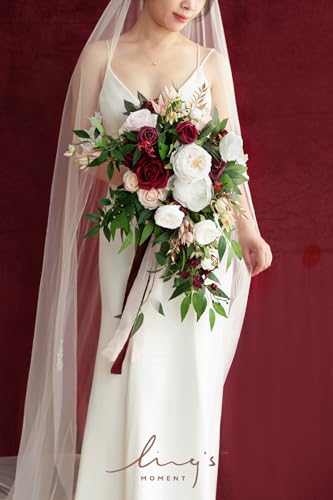Ling's moment Burgundy Bridal Bouquet Cascading, Marsala Wedding Bouquets for Bride, 15 Inch Bride Bouquets for Wedding Artificial Flowers Bouquets - color: Burgundy, Blush, size: Medium 15 Inch