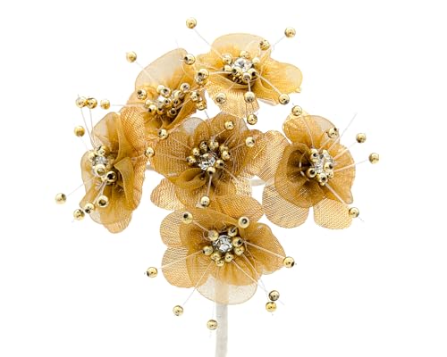 72PC Artificial Organza Flower Rhinestone Pick for Home Craft Decor DIY Wedding Bridal Veil Headband Dress Cake Topper Embellishment Scrapbook Favor Corsage Floral Bouquet Arrangement (Gold) - color: Gold