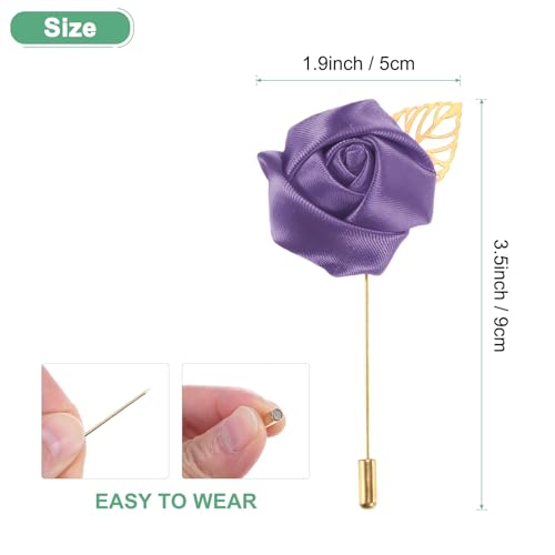 M METERXITY 1-Pack Flower Lapel Pins for Men, Golden Leaf Rose Boutonnieres Pin Groom Boutonnieres for Wedding/Dance/Party, Men Lapel Pins for Suits Satin Flower Corsage [Purple] - color: Purple