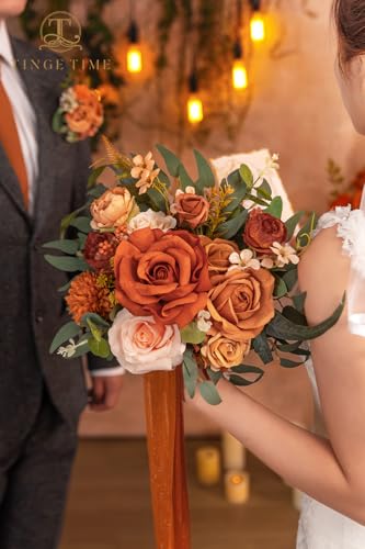 TINGE TIME Wedding Bouquets for Bride, 9 Inch Handcrafted Silk Bridal Flowers Bouquets for Fall Wedding Ceremony, Gift for Bridesmaid, Bouquet for Party Church Decoration (Brunt Orange) - color: Terracotta