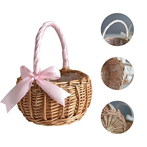 Vctitil Wicker Rattan Flower Basket,Wedding Flower Girl Basket Hand Woven Flower Basket Decoration,Candy Storage Basket Home Decoration(S,pink) - color: pink
