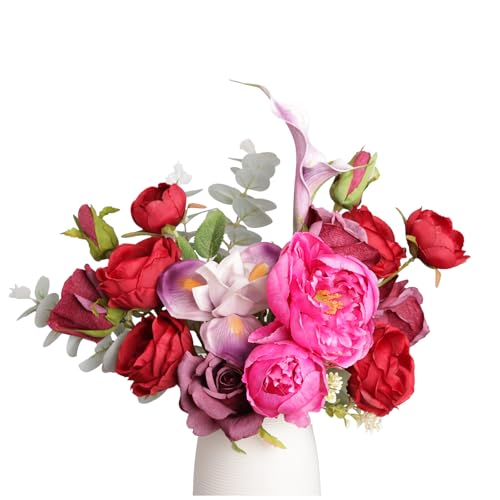 Artificial Flowers Arrangements, Fake Rose & Peony Real Touch Bouquet, Lifelike Faux Floral Assortment Centerpiece for Home Wedding Party Decor (Red & Pink Mixed)