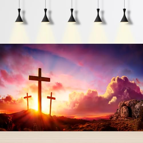 Jesus Christ Cross Backdrop Three Crosses On Mountain Sunrise Sunset Photography Background Jesus Crucifixion Resurrection Backdrop Sepulcher Lord Pray Christmas Easter Church Backdrops 5x3ft - color: Red_Blue, size: 5x3ft