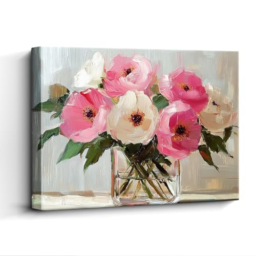Poppy Bouquet Wall Art, pink white poppies, impressionist wall decor, laminated paper unframed canvas print, botanical poster artwork, for dining room kitchen gift, 15x12 inch - color: Pink And White Peony Glass Vase
