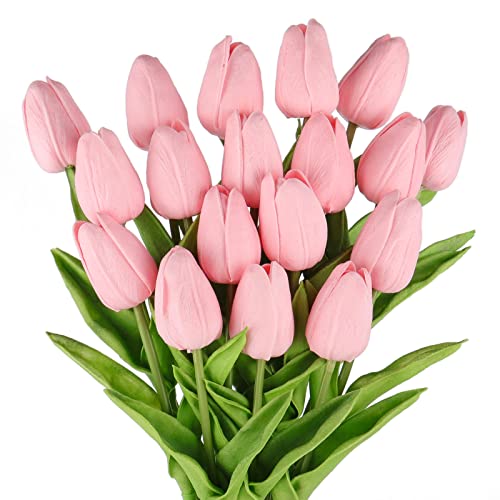 Beferr Pink Tulips Artificial Flowers 18Pcs Faux Tulip Real Touch Tulip Fake Flowers Bouquets Arrangements for Mothers Day Spring Easter Wedding Home Table Decor Pink - color: K-18pcs-1colors-pink, size: 18PCS