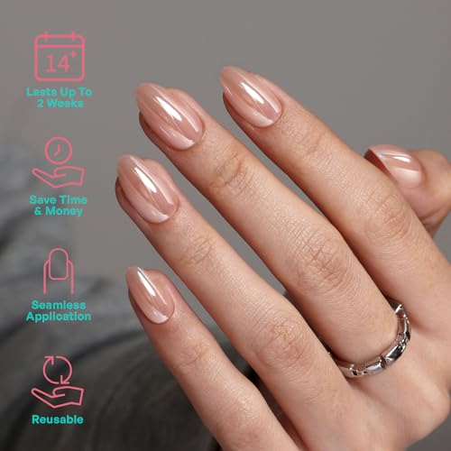 32Pcs Soft Gel Press on Nails for Women, Pearl Chrome, Short Almond | Glazed Donut Aurora False Fake Nails Press Ons for Office Daily Wear, Salon Quality Reusable Glue & Stick on Nail Gift Kit - color: 2D-Pearl Chrome