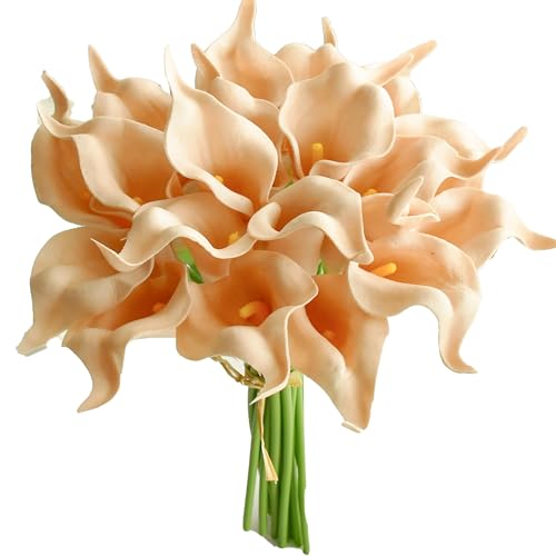 Mandy's 20pcs Champagne Calla Lily Artificial Flowers | 13.5 Inch PU Realistic Bouquet for Vase Elegant Home Decor Centerpiece Wedding Bridal Bouquet Table Decoration - color: Champagne