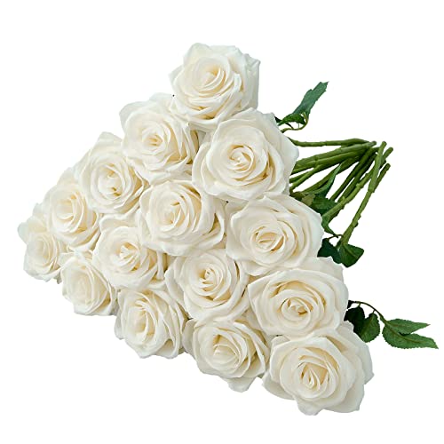 15pcs Ivory Roses Artificial Flowers Silk Fake Flowers Realistic White Roses Bouquet Long Stem for Wedding Home Party Birthday Decoration - color: 15pcs Ivory