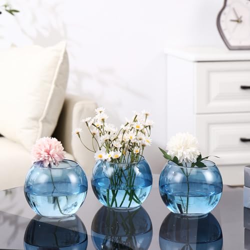 Round Glass Vases Set of 6, Blue Flower Vases for Centerpieces, Glass Bowl Vase, Small Round Vase for Living Room, Bedroom, Kitchen, Dining Table, Office, Wedding, 4 Inches - color: Blue, size: 4”
