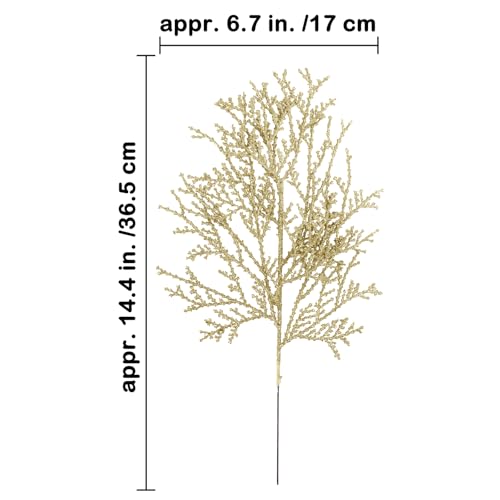 Winlyn 15 Pcs Christmas Artificial Cedar Sprays Champagne Glittered Faux Cedar Branches Stems Christmas Tree Ornament Picks 14.4" for Christmas Tree Wreath Wedding Bouquet Holiday Centerpiece - color: Champagne