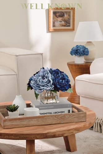 Artificial Peonies Flowers Arrangements in Cube Glass Vase, WELLKNOWN Silk Flower Centerpieces for Dining Room Table, Coffee Table Decor, Faux Peony Flowers with Faux Water (Bicolor Blue) - color: Bicolor Blue