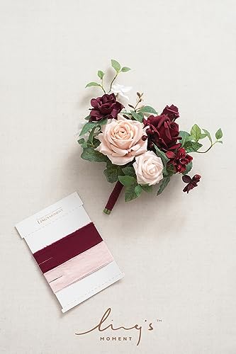 Ling's moment Burgundy Artificial Wedding Flower Bouquets for Bridesmaids Blush Floral Bouquet Mashala Bridesmaid Bouquets with Ribbon Ceremony Anniversary Homecoming,7-inch Diameter - color: Red-marsala & Blush Pink