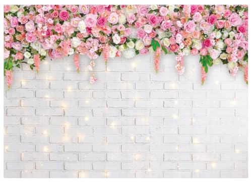 10X8FT White Brick Wall Flowers Backdrop Spring Theme Photography Background for Mother's Day Valentine Wedding Bridal Baby Shower Birthday Party Decor Banner Portrait Photo Booth Prop DH-270 ﻿ - size: 10X8FT